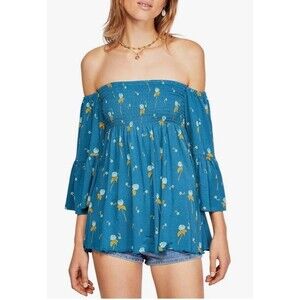 Free People Lana Tunic Top Blue Floral Smocked Square Neck Bell Sleeve Size M